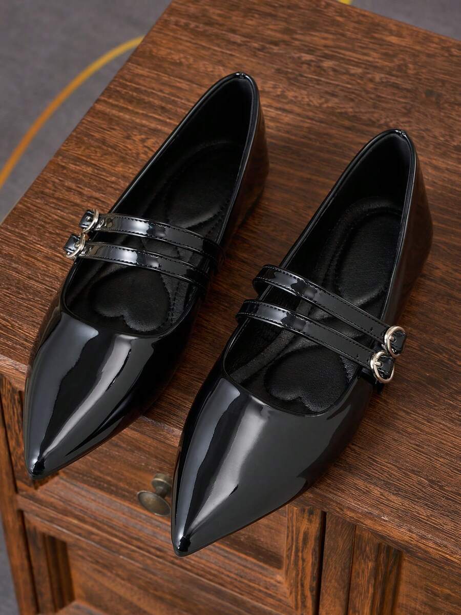 女士时尚尖头黑色套脚鞋,适合通勤、办公、派对、约会、婚礼、新年、情人节等场合,休闲百搭,优雅玛丽珍鞋款,双扣带设计,春季新品上市 - 黑色 - 查看 1