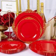 102PCS Red And Gold Plastic Plates - Red Plates Disposable - Vintage Plastic Plate With Gold Rim Include 51PCS Dessert & 51PCS Dinner Plate Perfect For Weddings & Party & Valentine's Day - Red - View 7