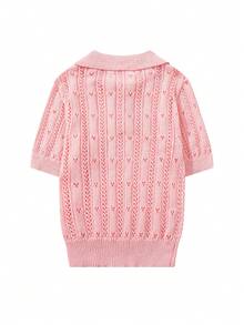 新款纯色网眼镂空性感浪漫Polo领修身短袖针织上衣，春夏粉色 - 粉色 - 查看 4