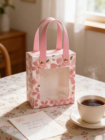10个金色箔纸樱花图案礼盒，粉色纸盒带透明窗口，适用于生日、婚礼、庆祝活动、团队建设、母亲节等场合。