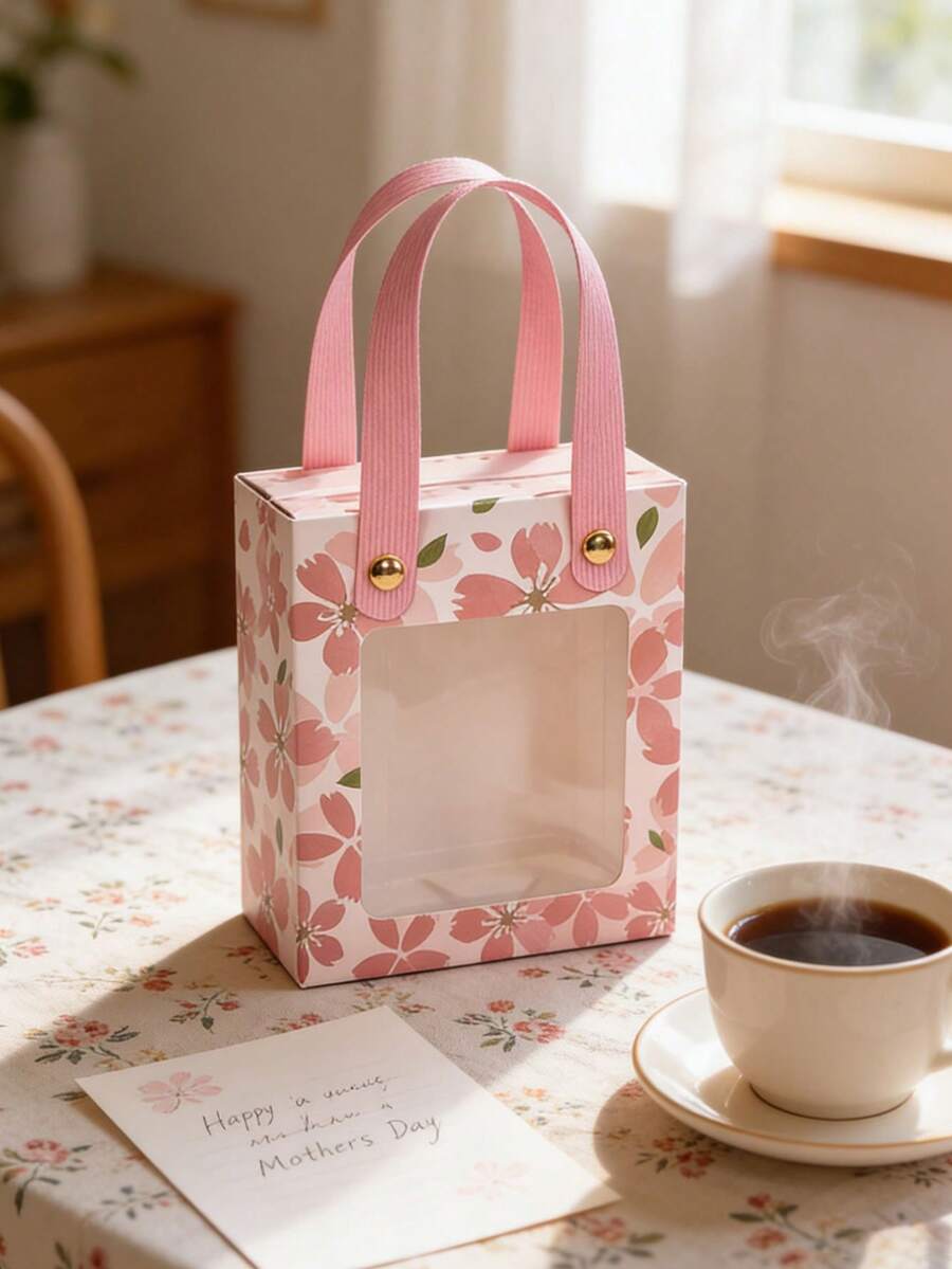 10个金色箔纸樱花图案礼盒，粉色纸盒带透明窗口，适用于生日、婚礼、庆祝活动、团队建设、母亲节等场合。 - 彩色 - 查看 1