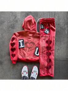 Hip-Hop Millennium Popular Modern High Street Design Sense Love Print Men's And Women's Same Sweatshirt Cardigan Jacket - Quần đỏ - Xem 3