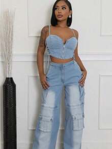 Women's Jeans 2026 New Spring  Fashion Suspender Bra Denim Top Pocket Straight Workwear Women's Jeans Set - Màu xanh lam - Xem 1