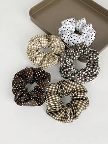 5pcs Retro Brown Scrunchie Set, Polka Dot & Plaid Print Hair Scrunchies, Hair Accessories - Multicolor - View 3