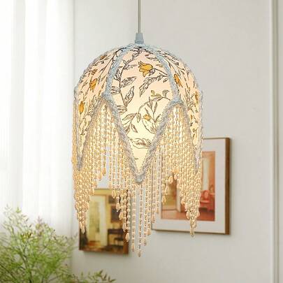 Minimalist Sweet Style Small Pendant Light, White Small Yellow Flower Green Leaf Tassel Modern Fabric Pearl Decor Hanging Lamp, Bedroom Small Dining Pendant Light