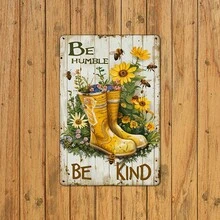 1 pieza Letrero de metal vintage y rústico, diseño de abeja y flores con botas de jardín y cita inspiradora "Humilde, amable", 8x12 pulgadas, decoración de pared, apto para hogar, cafetería, bar, garaje - Texto en inglés, multiusos - A - Ver 6
