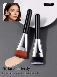 2支装高品质平头软粉色粉底刷，轻松打造无痕妆容，修饰脸型，多功能便携式化妆刷 - 黑色 - 查看 3