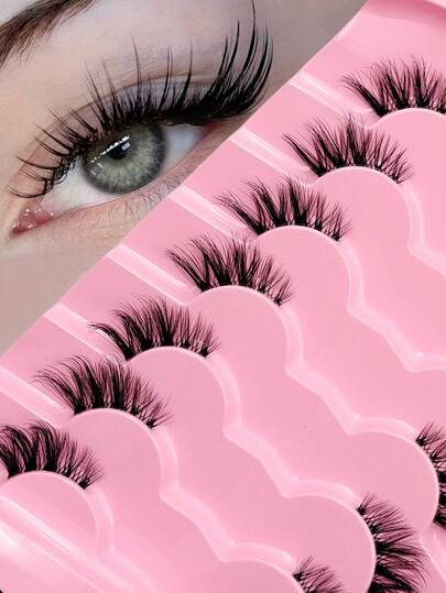  Rikuaild 7对半条假睫毛，透明带，自然妆效，猫眼交叉蓬松款，适合旅行、度假、海滩，可作礼物