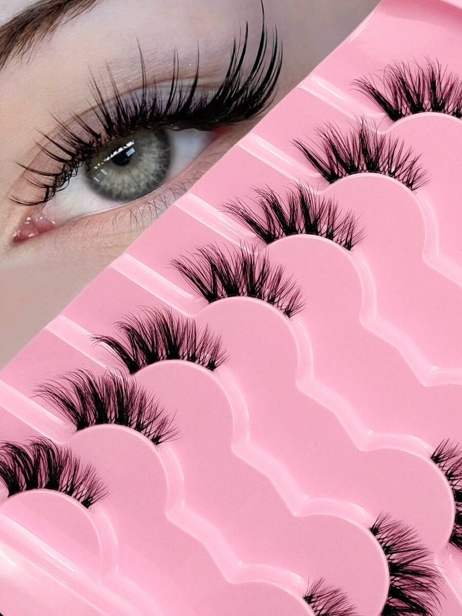 Rikuaild 7对半条假睫毛，透明带，自然妆效，猫眼交叉蓬松款，适合旅行、度假、海滩，可作礼物 - 半眼睫毛 - 查看 1