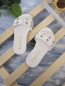 1 Pair Girls' Fashion Sandals, White PU Upper With Rhinestone Design, Soft Sole, Comfortable For Everyday Wear, Suitable For Indoor And Outdoor, Summer - White - View 6