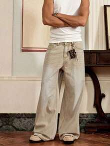 Men's Loose Fit Cotton Denim Jeans, Slant Pocket Design, Relaxed Fit, Long Washed Skateboard Jeans, Workwear Style, Solid Light Blue, Streetwear, Y2K Style - Khaki - View 2