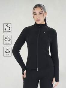 3-Piece Women's Sports Jacket With Thumb Hole, Small Stand Up Collar, Streamlined Long Sleeved Jacket With Pull Pockets, Low Impact Sports Yoga For Daily Casual Wear In Spring, Autumn And Winter - 彩色 - 查看 6