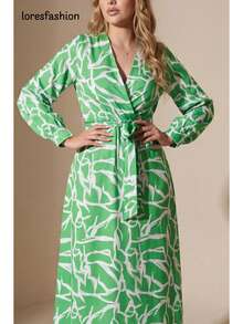 Long V-Neck Dress With Sash - Green - View 5