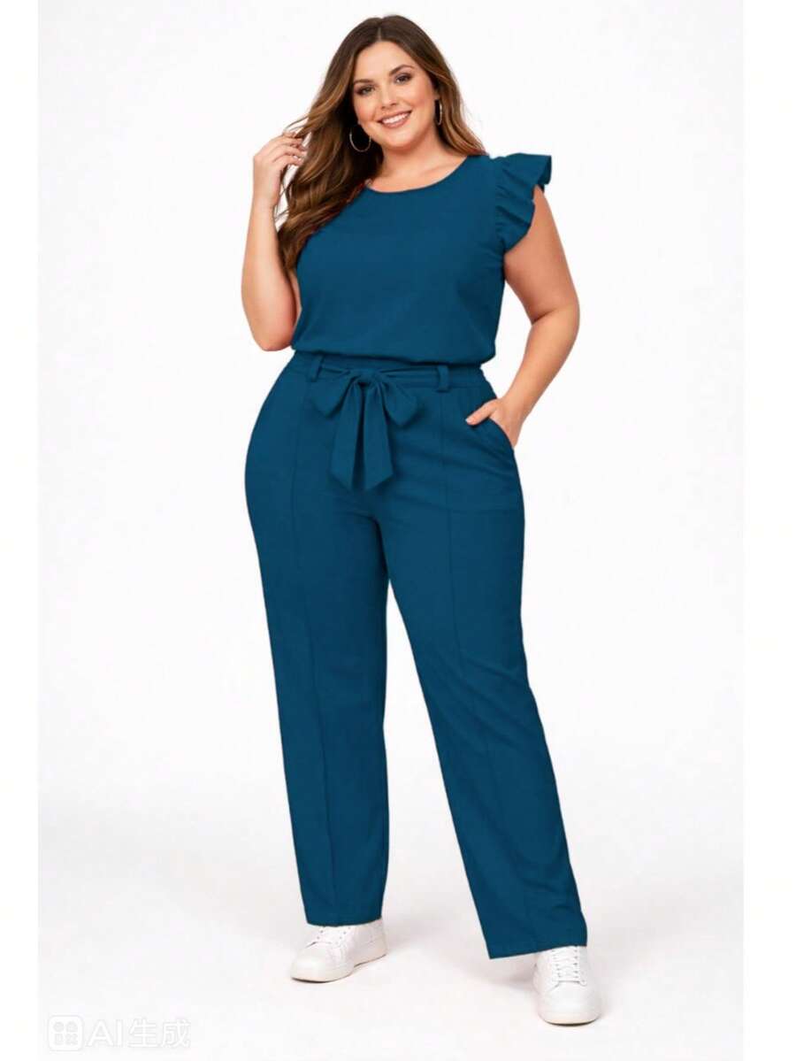 Elegant Plus Size Social Set In Dune Crepe, Casual Style With Drawstring Pockets, For Office Or Home. - 水鴨藍 - 查看 1