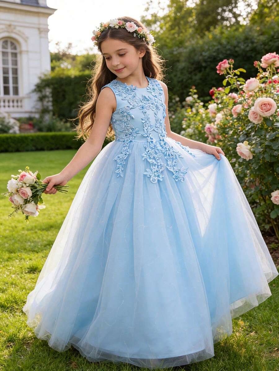 Tween Girl Lace Wedding Party Dress, Princess Pageant Evening Gown - Baby Blue - View 1