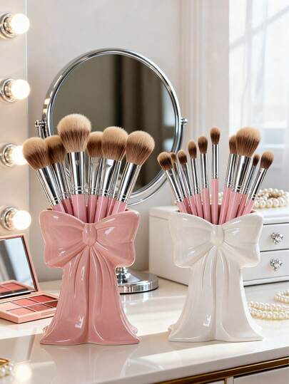 1 pieza Organizador de escritorio con lazo elegante - Caja de almacenamiento de escritorio, sostiene brochas de maquillaje y suministros de oficina, también adecuado para vacaciones, playa, baño y dormitorio