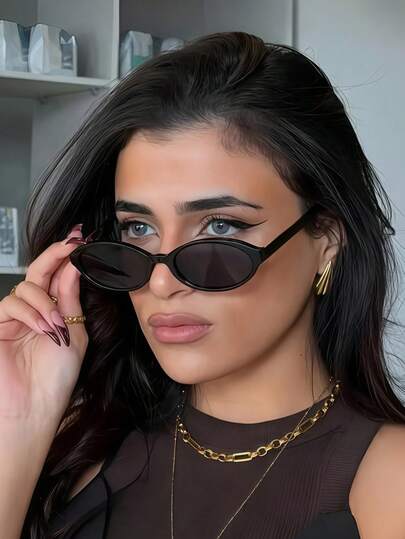 1 Pair Retro Oval Frame Women's Fashion Glasses, Classic Narrow Frame Suitable For Various Face Shapes, Solid Color Casual PC (Polycarbonate) Fashion Glasses For All Seasons