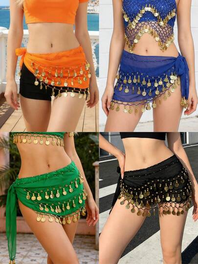 1件手工多色人像金属布腰裙，装饰性感肚皮舞裙，略带脏污效果，锚点设计，适合舞台表演。波西米亚风、复古风、派对、夜生活、海滩装扮、节日服装及配饰