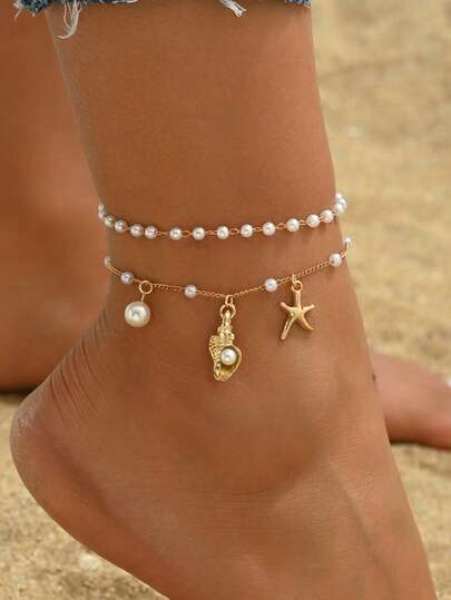 2pcs/Set Summer Ocean Style Shell & Starfish Faux Pearl Pendant Anklet, Handmade Chain Foot Jewelry For Women, Suitable For Daily Wear, Beach Vacation, Dating, Length Of Handmade Chain Can Be Customized