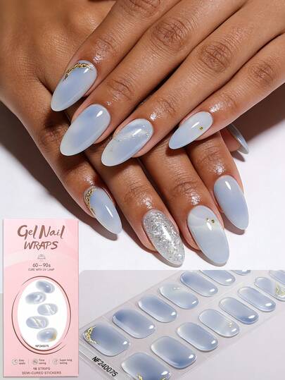 16pcs Spring & Summer Fresh Blue & White Tie Dye Gilded Line Accent Semi-Cured Gel Nail Stickers, Elegant & Sophisticated, Durable, Requires UV Light, Suitable For Women & Girls For Daily, Commute, Outing, Party, DIY Nail Art, Great Gift For Her Nail Supplies
