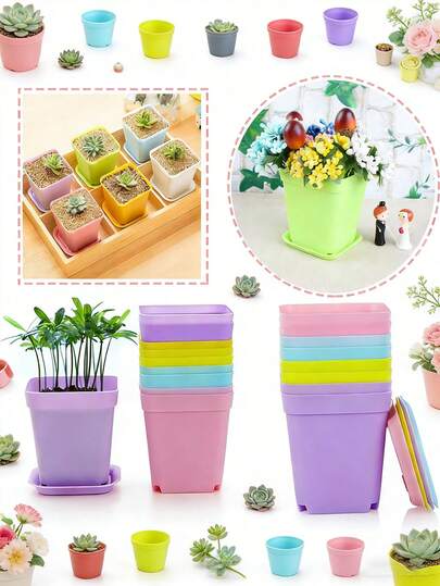 Colorful Planter Pots, Round Plastic Plant Pots For Succulents, Suitable For Yard, Office And Balcony Decoration, With Drainage Tray. Multicolor Plastic Planter Pots, Square Planters With Drainage Hole, Suitable For Seedlings, For Garden, Home, Office, Balcony Decor, Also Can Be Used As Gardening Gifts.