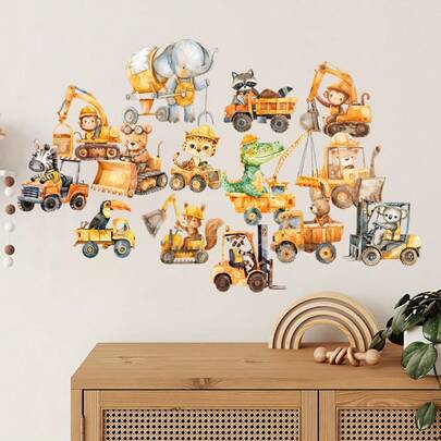水彩工程车辆卡车动物墙贴，包括挖掘机、装载机、推土机、狮子和大象，适用于游戏室、客厅、卧室等家居墙面装饰。