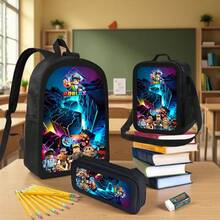 3pcs  Characters Adventure Large Capacity travel backpack Perfect for School, Travel, and Everyday Use Back-To- Gift, Tablet Compartment - Schwarz - Übersicht 8