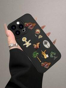 Cute Luxury Middle East Elements Shockproof Fashion Phone Case Middle East Fashionable Popular Personalized Regional Cultural Elements (Palm Tree, Camel, Traditional Utensil) Collage Pattern Design Theme Aesthetic Lens Protrusion Protection Compatible With IPhone /Galaxy International Version Not The Domestic Version Spring Gift - Black - View 3