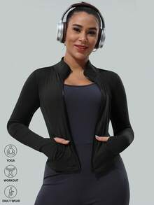 Plus Size Women's Solid Color Stand Collar Yoga Sports Jacket - Black - View 4