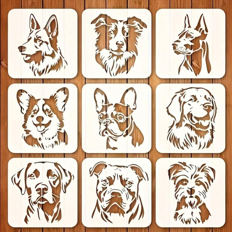 9张大型犬品种模板 | 多种犬种模板,包括德国牧羊犬、斗牛犬、法国斗牛犬、拉布拉多犬、贵宾犬 - 适用于绘画、工艺品制作、剪贴簿、家居装饰 - 完美之选 - 9件裝大型犬模板 - 查看 1
