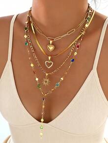 4/1 套优雅复古简约风格女式珍珠心形花朵十字架吊坠 Y 型项链套装，适合女性日常、派对、约会、婚礼、度假、多层佩戴，精致项链，2025 年新款 - 金色 - 查看 1