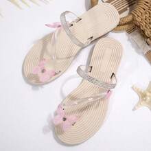 新款水钻透明蝴蝶装饰趾环凉鞋，闪亮百搭的平底凉鞋，适合约会和休闲穿着 - 粉色 - 查看 4