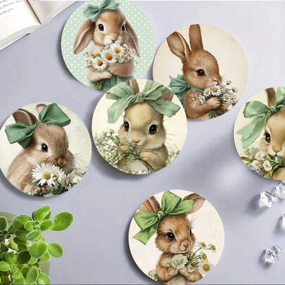 1set/4pcs/6pcs/300pcs Easter Bunny And Floral Pattern Printed Silica Clay Coasters. Suitable For Home Decoration, Coffee Shop, Afternoon Tea, Restaurant Decoration. Suitable For Theme Parties And Daily Decoration. Can Be Given As A Gift.