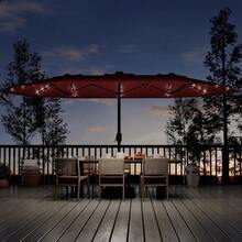 Sombrilla rectangular de 4,5 m con luces solares y base incluida. Sombrilla grande con manivela, 36 luces LED y protección UV para exteriores, patio, terraza y piscina. Color burdeos. - B - Ver 1