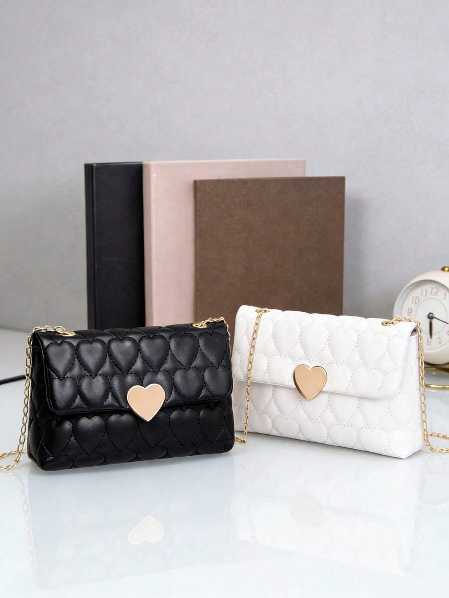 1pc Girls' Heart Embroidery Metal Chain Small Square Bag, Cute Casual Crossbody Bag, Solid Color Embroidered Phone Shoulder Bag, Great Gift - Multicolor - View 1