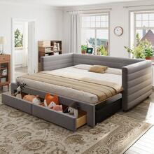 3-In-1 Modular Sofa Bed, 90x190 Cm - In Grey Cotton/Linen Fabric, With Slatted Base And Drawers, Converts From Sofa To Single/Double Bed (Mattress Not Included) - Grey + Upholstered + 90cm*190cm-1 - View 4