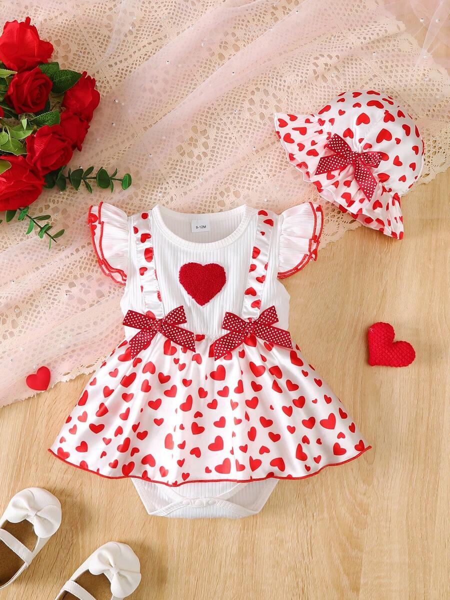 2pcs/Set Toddler Girls' Fashion Cute Red Heart Patchwork White Striped Ruffle Sleeve Romper & Red Heart Skirt Bow Headband Princess Outfit, Newborn Photoshoot Clothes, Valentine's Day 2026 New Arrival - 紅色 - 查看 1