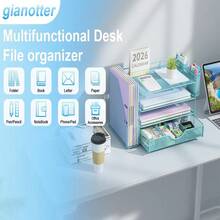 Gianotter Desk Organizers And Accessories With File Holder, 4-Tier Desk Accessories &Amp; Workspace Organizers With Drawer And 2 Pen Holder, Paper Organizer For Office Supplies (Blue) - MàuB - Xem 4
