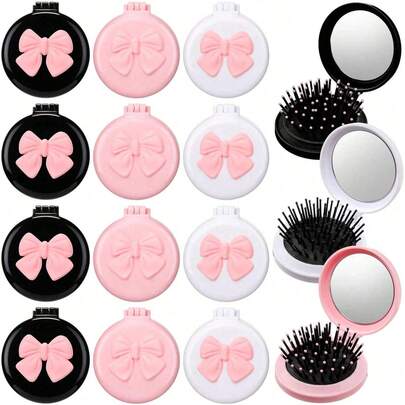 1/6 Stück Mini süße tragbare Faltbürste mit Spiegel, Mehrfarbige Schleife Mini Entwirrbürste mit Faltbarer Spiegelbürste, DIY Rundes Kompakt-Kopfhautmassagegerät, geeignet für Geldbörse, Frauenreise, Team-Geschenk, Modeschmuck, Valentinstag-Party, Familienzusammenkunft, Abschlussgeschenk, Haarstyling-Set