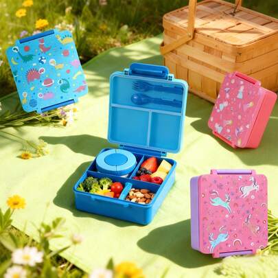 Cartoon Pattern Bento Box With 8oz Soup , Leak-Proof Lunch Box, 4 Compartments, Back To School Essential
