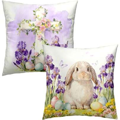 2PCS Easter Pillowcase He Is Risen Cross Eggs Pillowcase Bunny Pillowcase Purple Iris Daisy Floral Cushion Cover Home Cottage Spring Decor, Single-Sided Without Pillow Insert