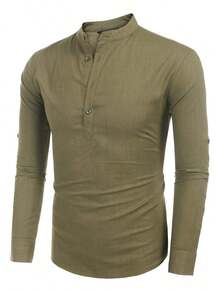 Men's Cotton Linen Long-Sleeved Shirt - xanh quân đội - Xem 6