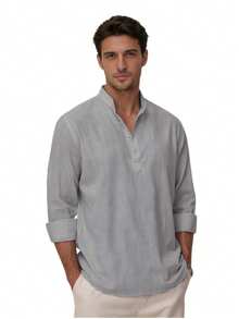 Men's Cotton Linen Long-Sleeved Shirt - 灰色 - 查看 1
