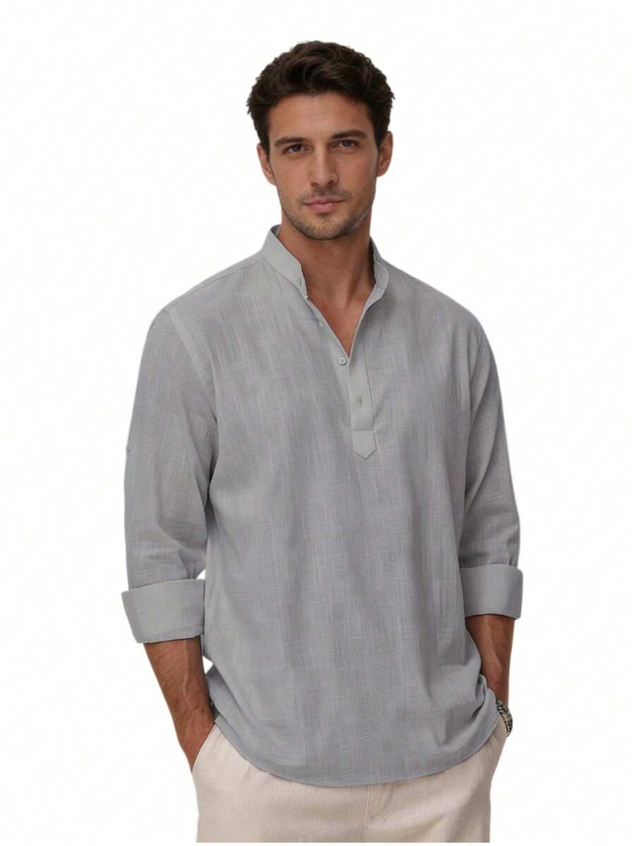 Men's Cotton Linen Long-Sleeved Shirt - 灰色 - 查看 1