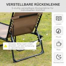 Folding Sun Lounger, Garden Deck Chair With Headrest And Side Pocket, Deck Chair With 5-Position Adjustable Backrest, Weather-Resistant Camping Deck Chair, Maximum Load 120 Kg, For Garden, Beach, Pool, Brown - Brown - View 4