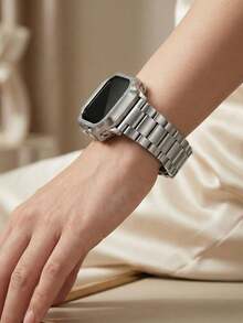 2pcs Luxury Silver Metal 3-Bead Chain Watch Band And TPU Case Protector, Compatible With Apple Watch 38mm 40mm 41mm 42mm 44mm 45mm 49mm, Compatible With Apple Watch Series 9/8/7/SE/3/6/5/4/3/2/1/Ultra/3/2/1, Fashion Smart Watch Strap, Business & Casual Wear For Men & Women, Watch Accessories, Christmas Birthday Holiday Gift For Friends & Family - Silver - View 5