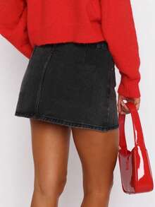 Women Denim Skort Skirt Stretchy Mid Waist Y2K Sexy Mini Skirts Dressy Casual Jean Skorts - 黑色 - 查看 4
