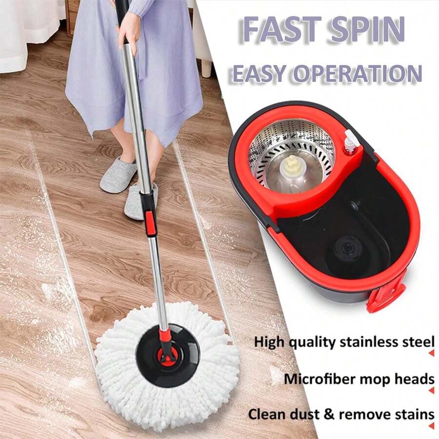 Spin Mop And Bucket Set With 360° Wringer Mechanism, Three Microfiber Pads, And 61-Inch Adjustable Stainless Steel Handle For Efficient Floor Cleaning – Suitable For Bathroom And Home Applications - A - Xem 1