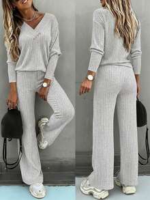 ChicMe 2pcs Women Cotton Ribbed V-Neck Long Sleeve Sweater + Elastic Waist Straight Pants, Daily Fashion Outfit - Light Grey - View 2