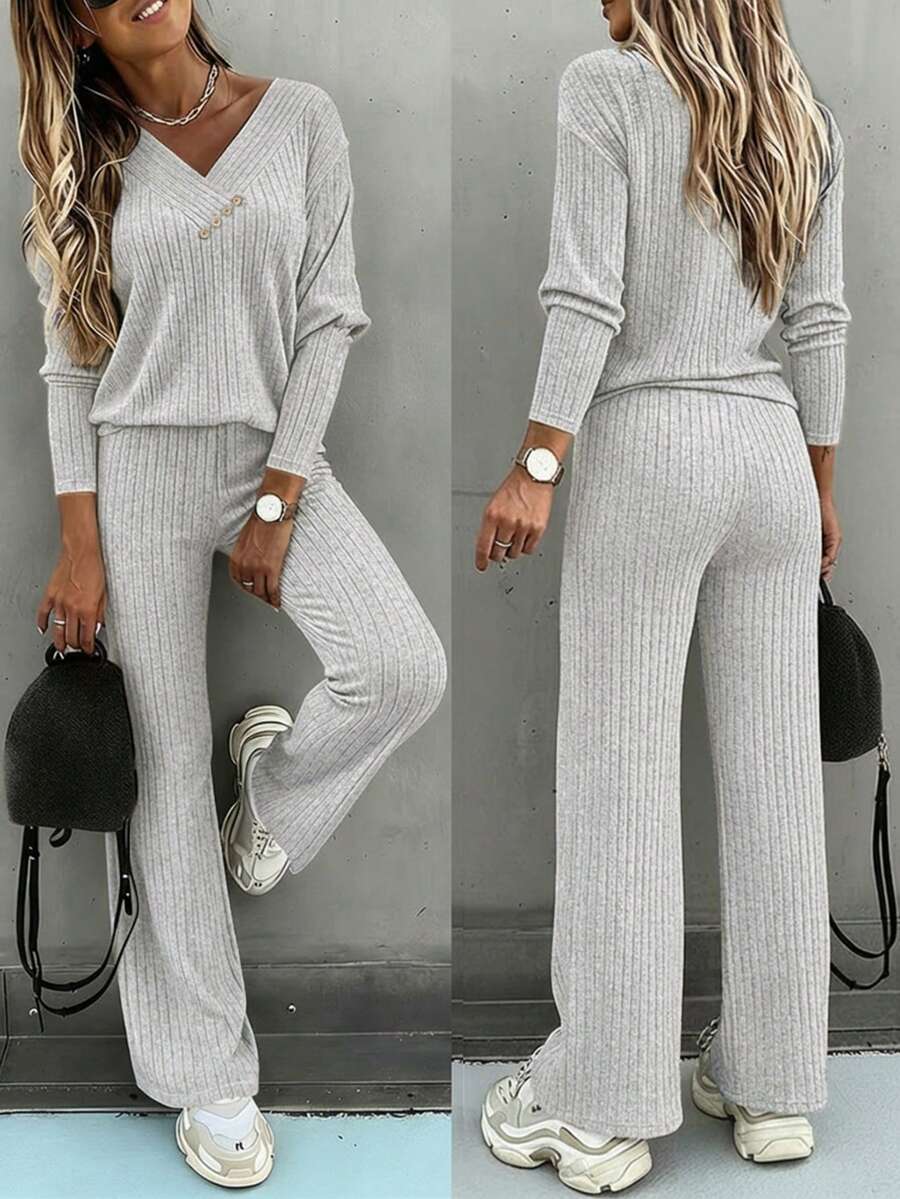 ChicMe 2pcs Women Cotton Ribbed V-Neck Long Sleeve Sweater + Elastic Waist Straight Pants, Daily Fashion Outfit